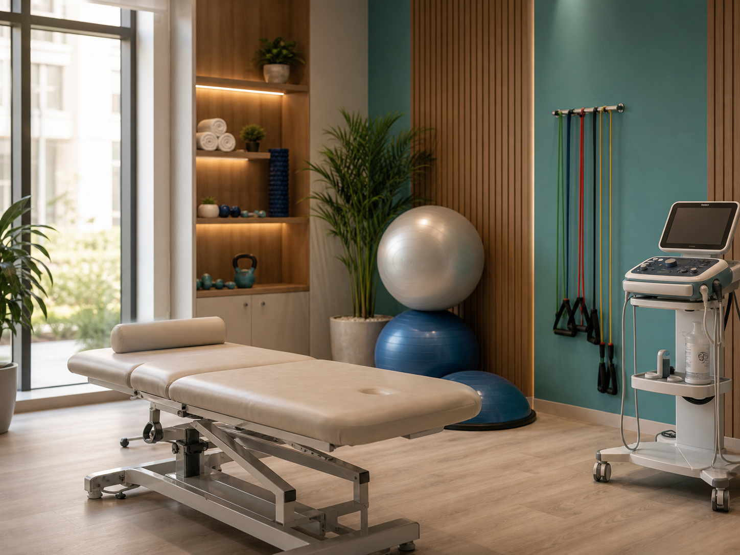 Modern physiotherapy clinic room with treatment table and equipment