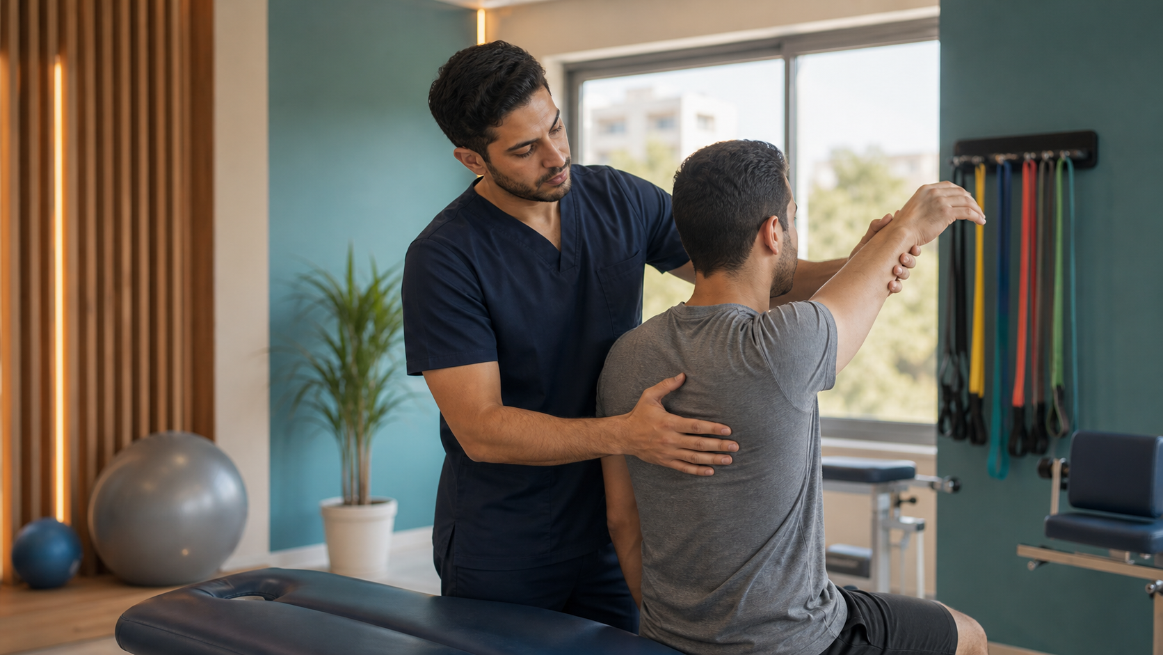 Physiotherapist assessing shoulder mobility in a modern clinic